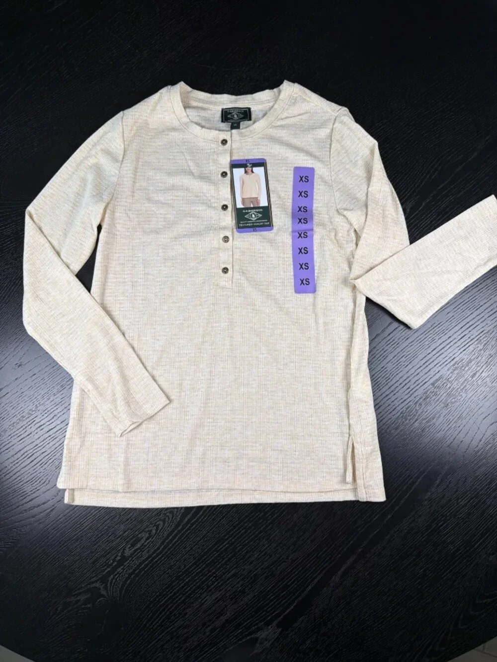 G.H. Bass & Co. XS Textured Henley Top In Tan Long Sleeve Button Detail - Picture 2 of 4